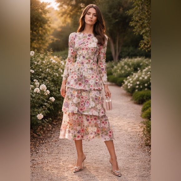 Elliatt Dresses & Skirts - ELLIATT Neve Floral Tiered Gown Size S NWT Romantic Embroidered Mesh Midi Dress
